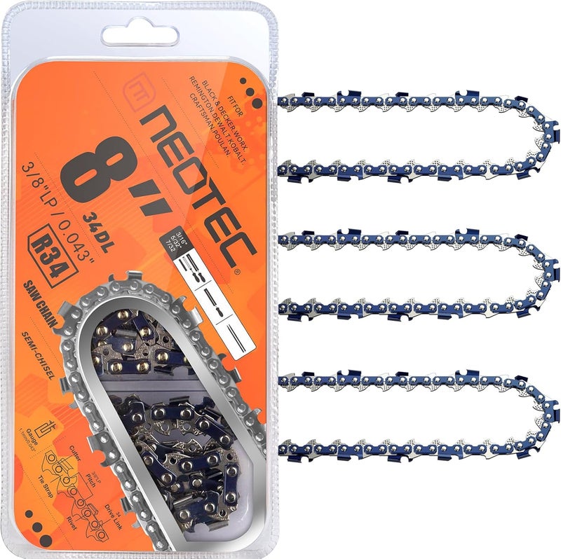 NEO-TEC 8 Inch Chainsaw Chain,3/8"LP Pitch,.043" Gauge 34 Drive Links R34 Replacement Chainsaw and Pole Saw Chain Fits for DeWalt DCPS620 Poulan Remington and More(3 Chains） - Image 1